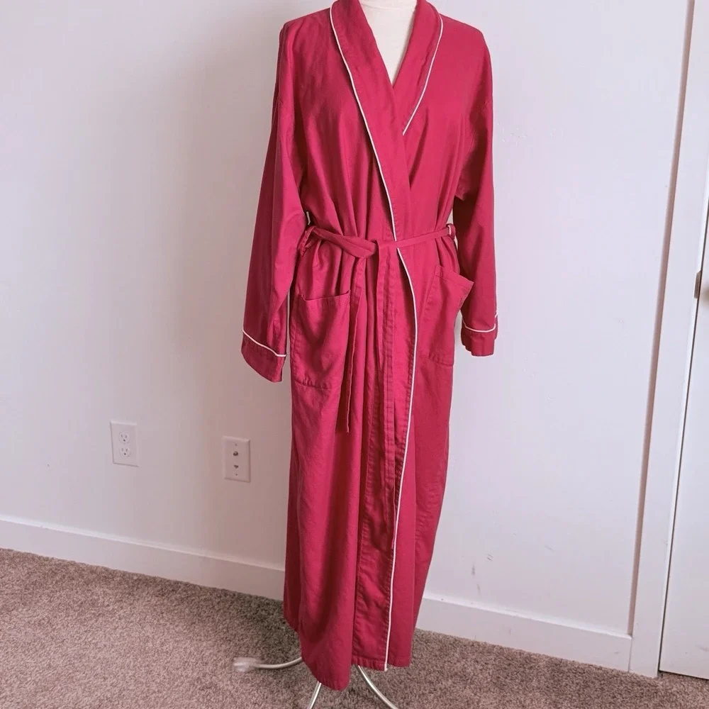 VTG LL Bean Long Robe 100% Cotton Unisex XL Pockets Belt Holiday Cozy Red